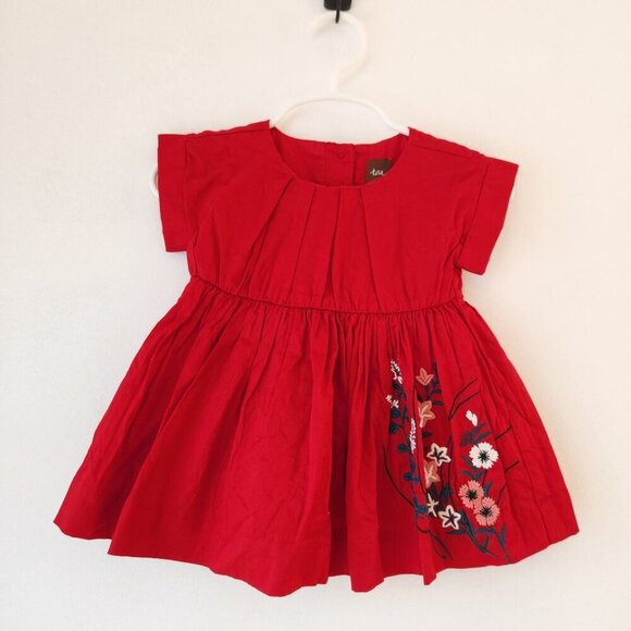 Tea Collection Red Cotton Dress Floral Emboirderey w/ Bloomers Girls 3-6 Months - Picture 2 of 12